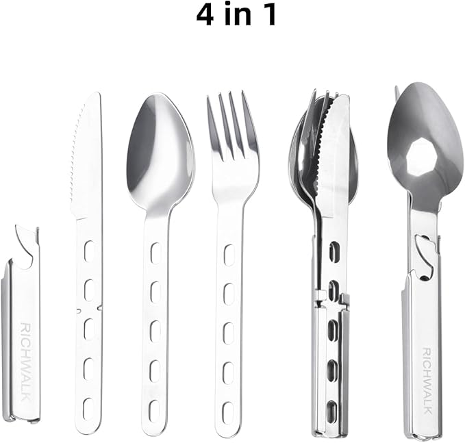4-in-1 Camping Spoon Fork Knife Combos Set of 4 - Portable Stainless Steel Flatware Spoon Fork kit - fork Knife & Bottle Opener Combo Pack for Picnic Hiking Travel