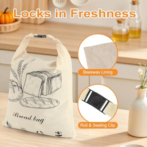 2 PACK Beeswax Sourdough Bread Bags for Homemade Bread, Reusable Cotton Beeswax Bread Bag Portable Waxed Storage All Natural Bees Wax Linen Bag Keep Fresh,13''×17'', 03 - Image 3