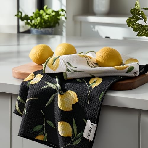 RECYCO Waffle Kitchen Towel Set of 2 - Quick Dry Microfiber Sustainable Dish Towels - Ultra Absorbent Reusable Cleaning Tea Towels - Lightweight Hand Towels,16”x 28”, Lemon Grove by RECYCOHOMECOLLECTION
