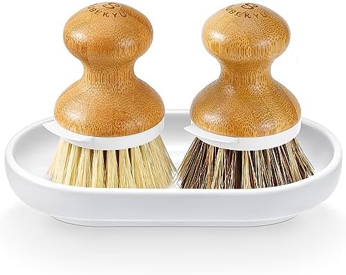 Bamboo Dish Brush,Sisal Brush with Scraper,2 Pack with Ceramic Holder by SUBEKYU