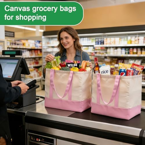 3-Pack Heavy Duty Canvas Reusable Grocery Bags, 8.3 Gal Foldable Large Tote with Handles, Washable Eco-friendly Bags with 5 Pockets, (Pink/Beige) - Image 2
