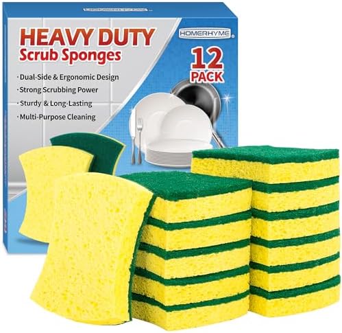 Heavy Duty Sponges, 12 Pack Cellulose Scrub Sponge, Dual-Sided Kitchen Sponge, Multipurpose Sturdy Ergonomic Design for Kitchen Dishwashing, Uncoated Cookware, Sink, and Countertops by HOMERHYME