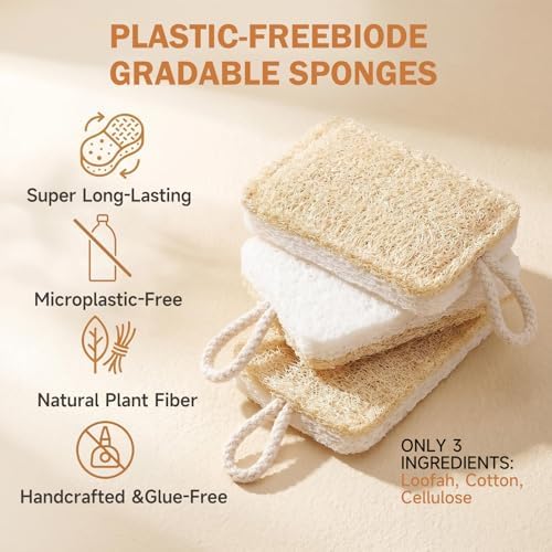 Natural Loofah & Cellulose Dual Sided Sponge 5 Pack | Compostable, Plastic-Free, Biodegradable Kitchen Scrubber | Non-Scratch for Dishes, Pots, Pans & Cast Iron - Image 2