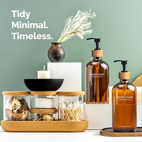 Vine Creations Amber Glass Soap Dispenser Set, Hand Soap and Dish Soap Dispenser Set with Bamboo Tray, 16 oz Glass Dispensers Bottle for Kitchen and Bathroom Decor Modern Boho with Bamboo Pump (Amber) - Image 4