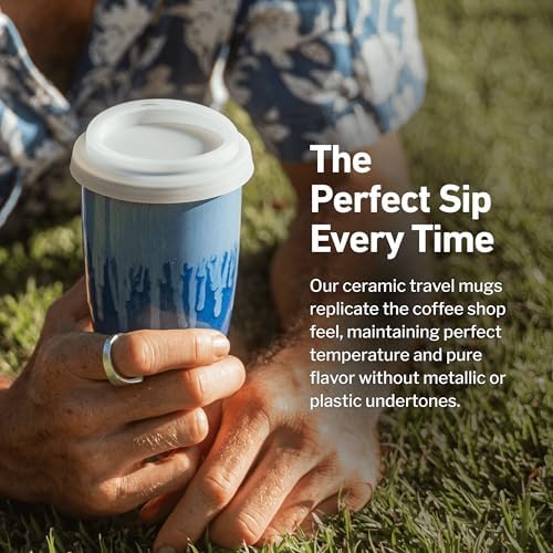 NOVA CERAMICS Ceramic Tumbler– Blue Ceramic Mug – Microwave & Dishwasher Safe Coffee White & Orange Tumbler - Leak-Proof Coffee Travel Mug – 12oz – Neptune - Image 4