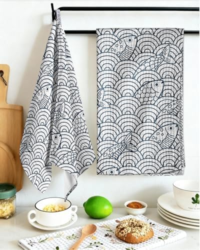 Miss Adola 370GSM Cotton Waffle Kitchen Towels, Fish - Image 5