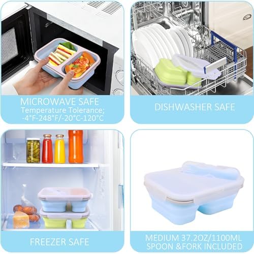 2 Pack Collapsible Silicone Lunch Box Set, 2 Compartments Bento Boxes with Lids, Food Storage Containers for Meal Prep, Office, Travel, Camping, BPA Free(Blue+Green) - Image 5