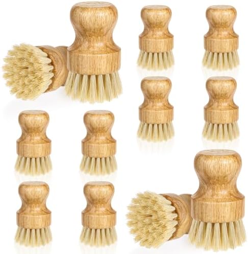 12 Packs Bamboo Dish Scrub Brush Wooden Washing Scrubbers with Sisal Bristles Kitchen Palm Pot Brush Round Mini Dish Brushes for Household Iron Pot Pan Sink Sink Vegetables Cleaning - Image 7