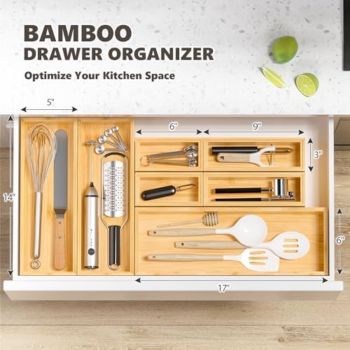 Kitchen Drawer Organizer Bins, Stackable Bamboo Deep Drawer Organizer for Silverware, Utensils, Cutlery, Flatware, Junk Drawer, Dresser, Bathroom, 14" x 5" x 2.5" (Set of 2) - Image 3