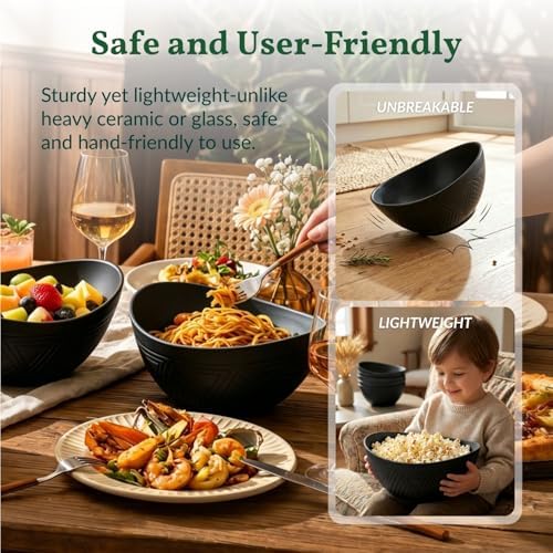 Homienly Wheat Straw Bowls Set of 6, 60 OZ Salad Bowl Large Capacity for Soup, Popcorn - Unbreakable Serving Bowl - Microwave & Dishwasher Safe Bowl, Alternative for Plastic Bowls for Kitchen - Black - Image 6