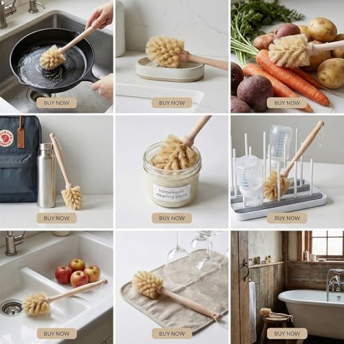 2-Piece Kitchen Brush Set - Includes 1 Plastic Handle Ponytail Cup Brush & 1 Wooden Handle Coconut Scrubber - Cleaning Kit for Bottles & Pots - Image 4