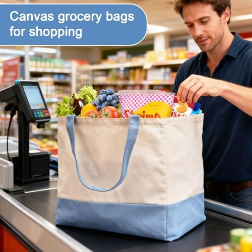 Reusable Grocery Bags Heavy Duty, 8.3 gal Foldable Large Canvas Tote Bag with Handles, Holds 60 lbs Canvas Shopping Bags, 1 Pack（Off White+Light Blue） - Image 2