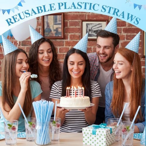Honeydak 50 Pcs Reusable Plastic Straws Bulk,Light Blue and White Stripe - Image 6