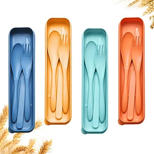 Reusable Travel Utensils Set with Case, 4 Sets Wheat Straw Portable Knife Fork Spoons Cutlery, Eco-Friendly BPA Free Plastic Tableware for Kids Adults Travel Picnic Camping Utensils by YDYTOP
