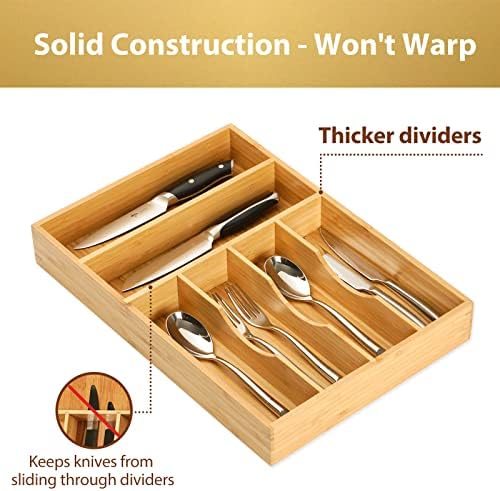 Umilife Kitchen Drawer Organizer, 12 Inch Silverware Utensil Tray Holder, Extra Deep, with Non-Slip Feet & Grooved Drawer Divider, 6 Slots Total Bamboo Wood Caddy for Flatware Cutlery Knives - Image 3
