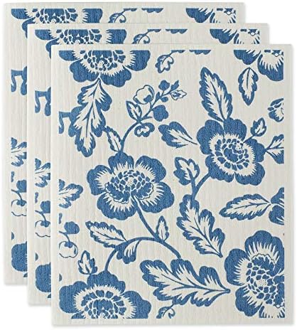DII Swedish Dishcloths for Kitchen & Cleaning, Reusable, Machine Washable & Dishwasher Safe, Biodegradable, 7.75 x 6.75, Blue Floral, 3 Piece by DII