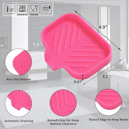 MicoYang Silicone Soap Dish with Drain Spout, Self-Draining Sink Organizer Tray for Bathroom and Kitchen, Sponges, Dispensers and Soap Holder, Non-Slip and Dishwasher Safe, Rose (Compact, 4.9"×3.2") - Image 2