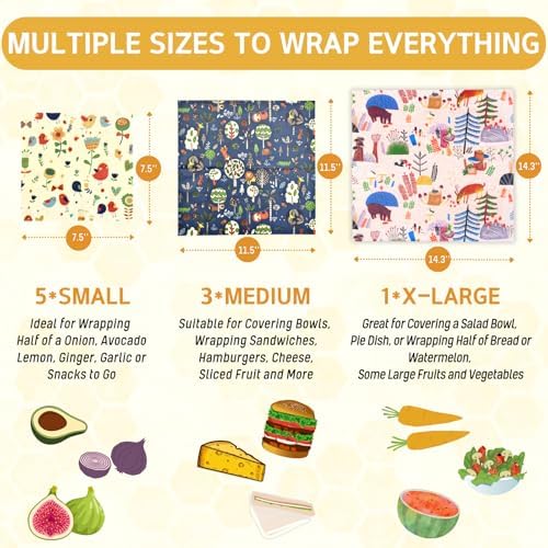 Reusable Beeswax Wrap - 9 Pack Beeswax Wraps for Food, Eco-Friendly Beeswax Food Wraps, Bread Sandwich Food Wrap - Organic, Sustainable, Zero Waste, Plastic-Free Food Storage, 1XL, 3M, 5S - Image 3