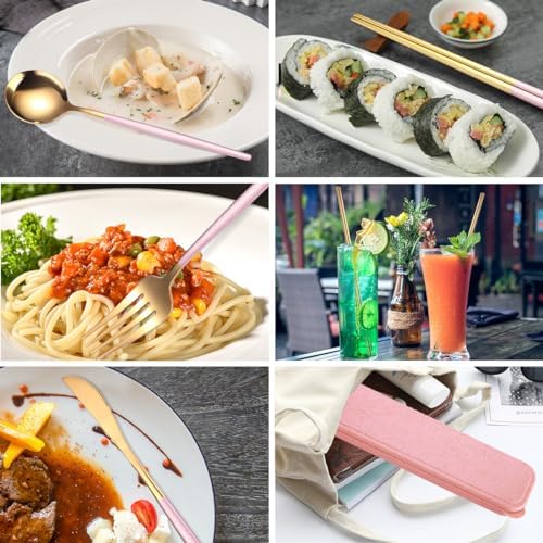 AARAINBOW 8 Pieces Stainless Steel Flatware Set Portable Reusable Cutlery Set Travel Utensils Set Including Chopsticks Knife Fork Spoon Straws Cleaning Brush Dishwasher Safe (Pink Golden) - Image 3