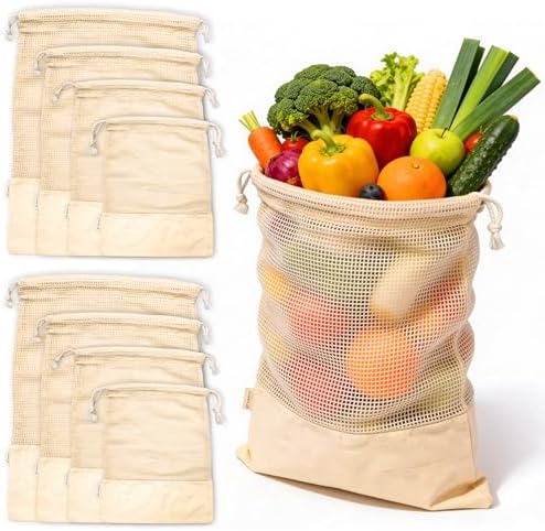 LEAFICO Reusable Produce Bags – 100% Cotton Mesh & Solid Hybrid (Mixed Sizes 8 Pcs – S/M/L/XL) – Multi-Use Grocery & Storage Bags for Fruit, Vegetables, Toys, Clothes, Travel – Washable, Zero Waste by Leafico