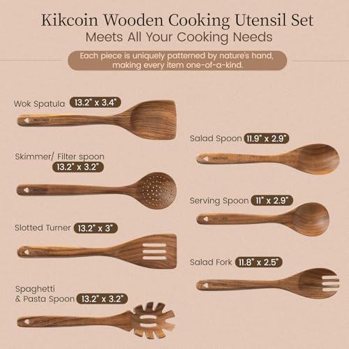 Kikcoin 7 PCS Durable Natural Teak Wooden Cooking Utensils Set, Non Toxic Wooden Spoons for Cooking, Wooden Utensil Set for Cooking with Comfort Grip, Nonstick & Easy to Clean Wood Kitchen Utensil Set - Image 2