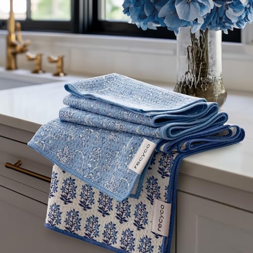 RECYCO Waffle Kitchen Towel Set of 2 - Quick Dry Microfiber Sustainable Dish Towels - Ultra Absorbent Reusable Cleaning Tea Towels - Lightweight Hand Towels,16”x 28”, Porcelain Blue by RECYCOHOMECOLLECTION