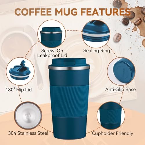 12OZ Travel Coffee Mug Insulated Coffee Cup with Spill Leak Proof Lid, Portable Stainless Steel Tumbler Reusable Hot and Cold Water Mug for Car, Daily, Camping- Blue - Image 5