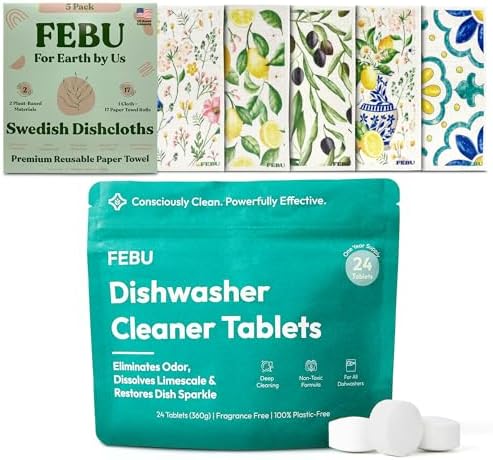 FEBU Save 15% on Swedish Dishcloth + Dishwasher Cleaner Tablets | 5 Pack Italian Summer Reusable Paper Towels + 24ct Dish Washer Cleaner Tablets by FEBU