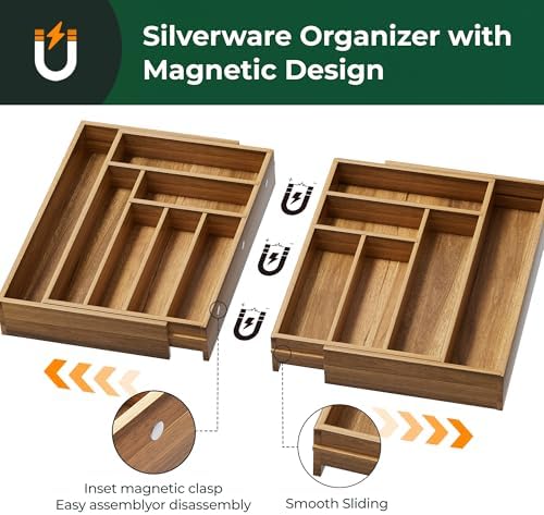 Large Silverware Organizer, 13 Slots Magnetic Connected Expandable Acacia Wood Utensil Drawer Organizer From 21 to 37.4 Inches, Adjustable Flatware and Cutlery Holder, Utensil Tray for Kitchen Natural - Image 2