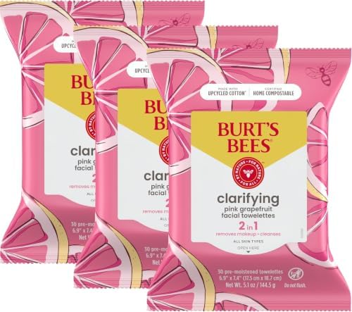 Burt's Bees Pink Grapefruit Face Wipes, for All Skin Types, Hydrating Makeup Remover & Facial Cleansing Towelettes, 90 Count (Pack of 6) by BurtsBees