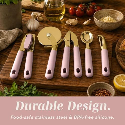 COOK WITH COLOR 6-Piece Kitchen Tool Set with Acacia Wood Cutting Board, Can Opener, Pizza Cutter, Garlic Press, Scoop & Peeler, Pink - Image 5