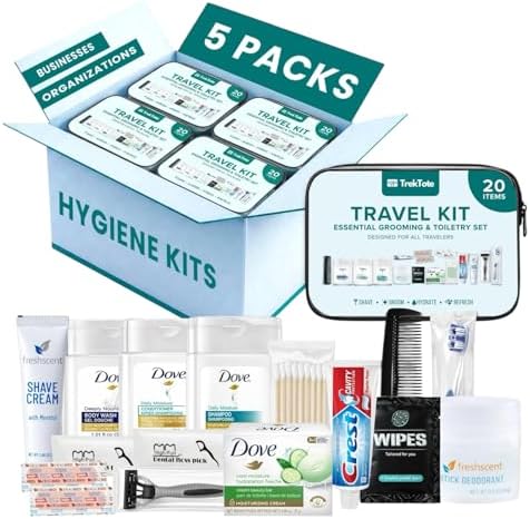 5 Pack Unisex Travel Hygiene Kits – 20-Piece Premium Brand-Name Toiletries by TrekTote