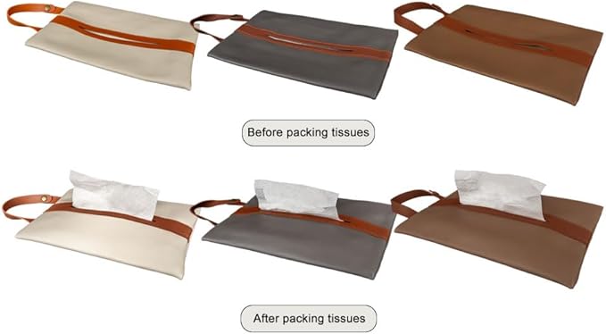 Tissues Box PU Leather Facial Paper Storage Case Rectangular Organizer Holder Decor with Hanging Strip for Kitchen Restaurant Countertops Bedroom Dressers Night Stands Desks (Beige)