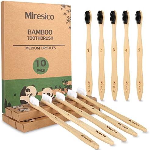 Bamboo Toothbrushes 10 Pack, Plant Based Medium Bristle Toothbrush by Miresico