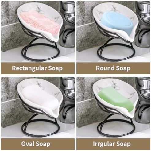 Dobbyby Leaf-Shaped Soap Dish – Premium Ceramic Soap Bar Holder with Self-Drainage System – Bar Soap Holder for Shower, Bathroom Sink, Kitchen – Waterfall Soap Dish with Stainless Steel Stand (Black) - Image 4