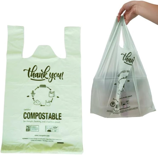 (Large) OrangeBio Certified Home Compostable Shopping Bags, 200ct, 12"x 6" x 20" (Extra Thick), Hold 20 lbs, Thank You/Grocery/Take Out/T Shirt/To-Go Bags for Retail, Grocery Store by OrangeBio