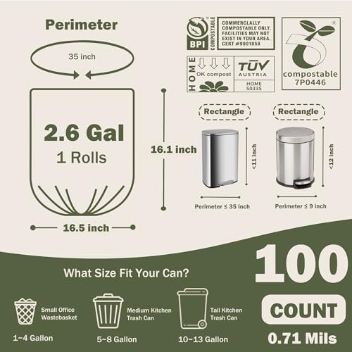 Compostable Trash Bags, 2.6 Gallon, 100 Count, 100% Compost Waste Bags for Kitchen Bathroom Office, Small Countertop Bin Compost Bags, US BPI and Europe OK Compost Home Certified - Image 6