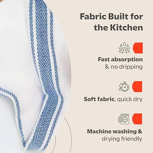 Zeppoli Classic Kitchen Towels - 45 Pack 100% Natural Cotton Towel Set, Reusable Wash Cloths, Absorbent Dish Towels, Machine Washable Hand Towels, Kitchen Essentials -14” by 25”, Blue Striped - Image 4