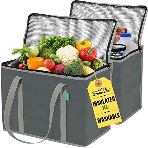Creative Green Life XL Insulated Reusable Grocery Bags (2-Pack) - Premium Quality Cooler Bags with Hard Bottom Insert, Stands Upright, Washable by CreativeGreenLife