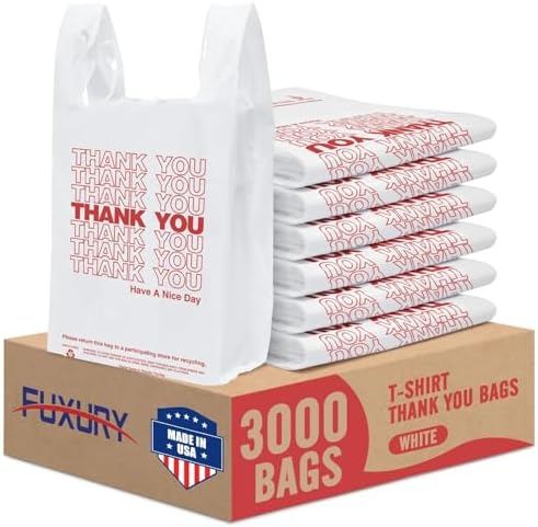 Fuxury 3000 Count - 3K Plastic Thank You T-shirt Bags White (11.5" x 6.5" x 21"), Grocery, Take Out, To Go, Retail Shopping Bags for Business in Bulk by Fuxury