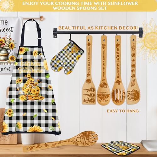 8PCS Sunflower Kitchen Bamboo Cooking Spoon Utensil Set with Apron Oven Mitt Pot Holder -Sunflower Themed Decor Gifts for Women,Mom,Housewarming,Christmas,Birthday Gift - Image 5