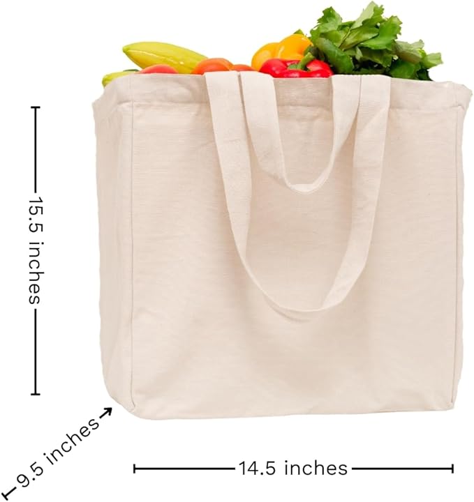 Reusable Canvas Grocery Shopping Bags - 3 Pack, Extra Large Cloth Grocery Bags with Handles and Real Pockets - Heavy Duty, Washable and Foldable Shopping Bags with Short and Long Handles (3 Bags)