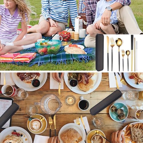 AARAINBOW 8 Pieces Stainless Steel Flatware Set Portable Reusable Cutlery Set Travel Utensils Set Including Chopsticks Knife Fork Spoon Straws Cleaning Brush Dishwasher Safe (Black Golden) - Image 5