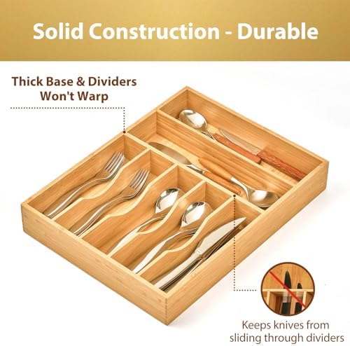 Umilife Kitchen Drawer Organizer, 12.5 Inch Silverware Utensil Tray Holder, Extra Deep, with Non-Slip Feet & Grooved Drawer Divider, 7 Slots Total Bamboo Wood Caddy for Flatware Cutlery Knives - Image 3