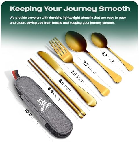 Taplord Portable Travel Silverware Set With Case, Includes 5 Pcs of Travel Utensils With Case, Stainless Steel Flatware Set For Camping, Easy to Travel, Lightweight (Gold) - Image 2