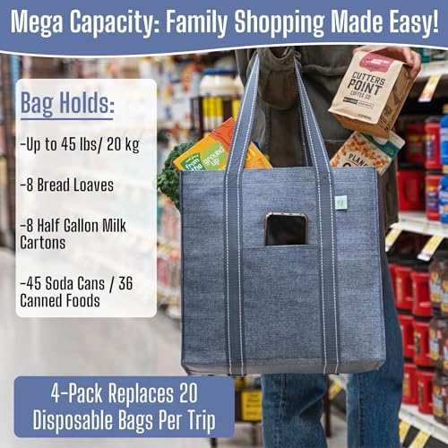 VENO 4 Pack Reusable Grocery Bags, Heavy-Duty Shopping Bags with Handles, Bags for Shopping Cart with Hard Bottom to Stand Upright, Foldable, Multi-Purpose(Gray, 4 Pack) - Image 5