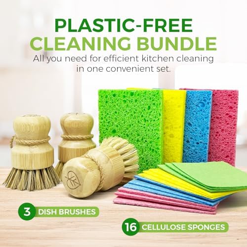 Bamboo Dish Brush Set of 3 and Biodegradable Cellulose Compressed Sponges Pack of 16-100% Plant-Based Cleaning Sponges and Kitchen Dish Brush Bamboo with Sisal and Coconut Bristles, 2 Brush Types - Image 2