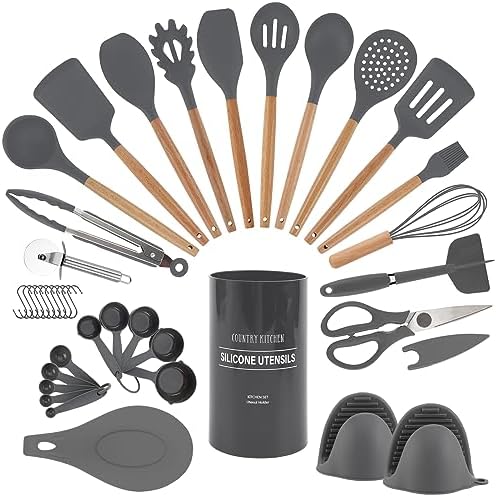 Country Kitchen Non Stick Silicone Utensil Set with Rounded Wood Handles for Cooking and Baking, 38 Piece Set, Gray by CountryKitchen