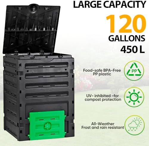 SUPER DEAL 120 Gallon Compost Bin, 450L Outdoor Garden Waste Composter with Flip-top Lid and Bottom Door, Large Capacity BPA Free Material for Fast Creation of Fertile Soil, Easy to Assemble, Black - Image 2