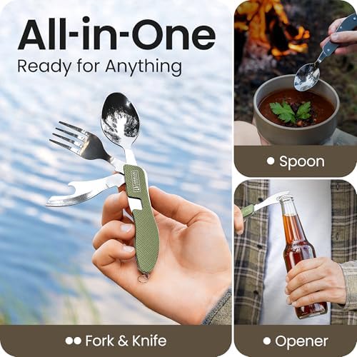Orblue 4-in-1 Camping Eating Utensils, 2-Pack - Portable Spoon, Fork, Knife & Bottle Opener Combo Set - Stainless Steel Flatware with Detachable Fork - Backpacking Cutlery Multitool, Olive Green - Image 2